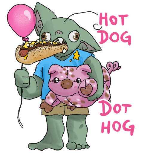 a sticker of a goblin, holding a pink balloon and a plushie of a spotted pig, eating a chili-cheese dog hands free.  The caption reads "hot dog dot hog"