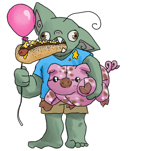 a sticker of a goblin, with a comically large chili-cheese dog in their mouth, holding a stuffed spotted pig and a pink balloon.