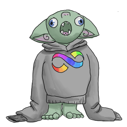 a sticker of a goblin, mouth open, wearing a long grey hoodie with trailing sleeves and a rainbow infinity sign graphic.