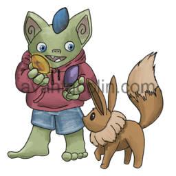 a sticker of a goblin juggling stones, and an eevee watching