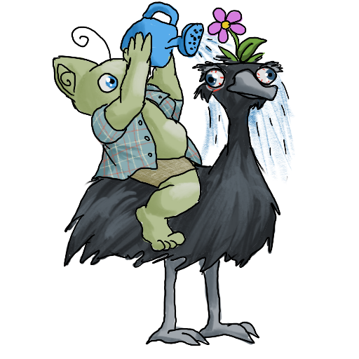 line art of goblin sitting on the back of an emu.  A flower is sprouting from the emu's head and the goblin is watering it with a watering can.