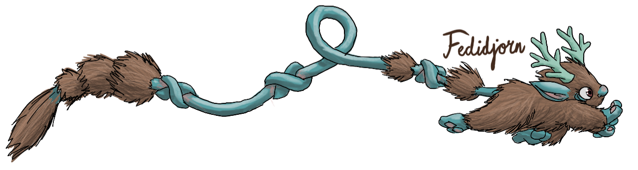 a funky little troll with teal skin, brown fur, and little antlers; running towards the right and trailing a looping tail with knots and tufts of fur that is several times longer than the troll itself
