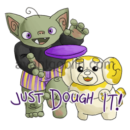 a sticker of a goblin and a fidough chasing a frisbee, with "JUST DOUGH IT" captioned on.