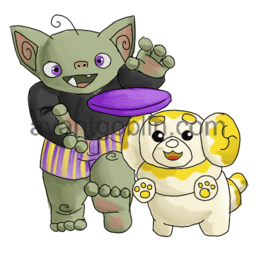 a sticker of a goblin and a fidough chasing a frisbee