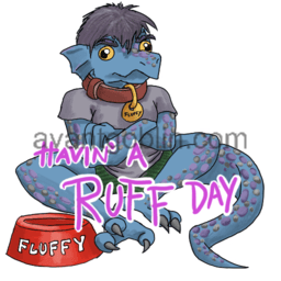 a sticker of a mildly annoyed kobold with a collar, and "HAVIN A RUFF DAY" captioned on.