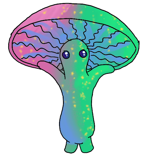 a sticker of a pink and green mushroom with arms in the air.