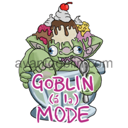 a sticker of a goblin licking a spoon, covered in ice cream, and sitting in a large dish, captioned "Goblin (a la) Mode"