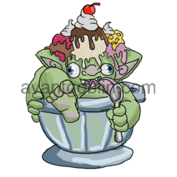 a sticker of a goblin licking a spoon, covered in ice cream, and sitting in a large dish