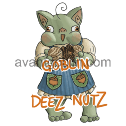 a sticker of a goblin, holding nuts, mouth full of more nuts, with "GOBLIN DEEZ NUTS" captioned on.