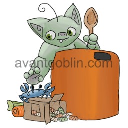 a sticker of a goblin sitting in a large copper pot, reaching for a stack of ingredients nearby,