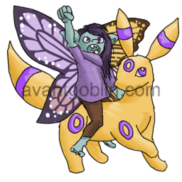 a sticker of a pixie with two different-colored butterfly wings, riding an Umbreon with yellow fur and purple rings