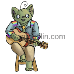 a sticker of a goblin with a guitar, chilling and strumming