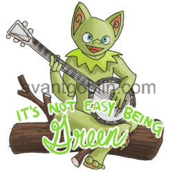 a sticker of a goblin on a log, playing the banjo left-handed, with "It's Not Easy Being Green" captioned on.