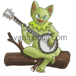 a sticker of a goblin on a log, playing the banjo left-handed