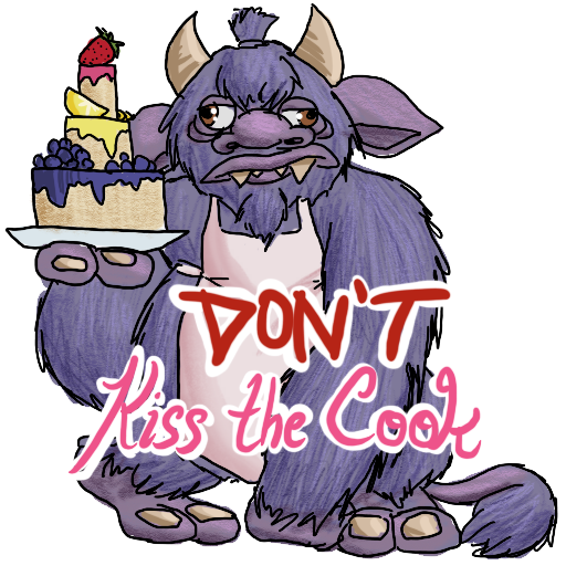a sticker of rather miserable-looking blurple troll, holding a towering plate of cake.  The caption is "DON'T kiss the cook"