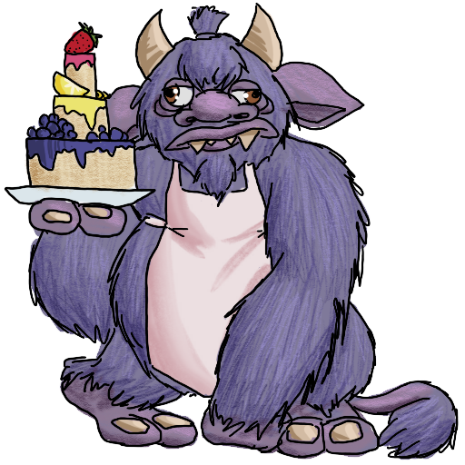a sticker of rather miserable-looking blurple troll, holding a towering plate of cake.