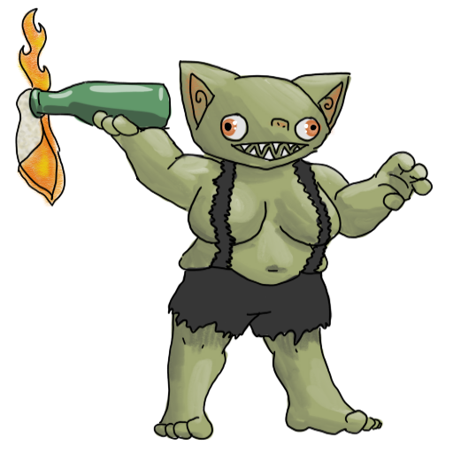 a sticker of a goblin dressed only in a charred and ragged pair of coveralls, tits out, holding a Molotov cocktail ready to throw.