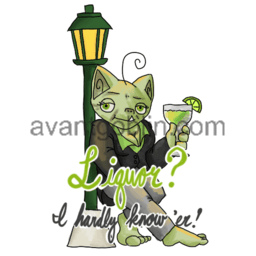 a sticker of a goblin with a margarita, leaning on a lamp post, with "Liquor?  I hardly know 'er!" captioned on.