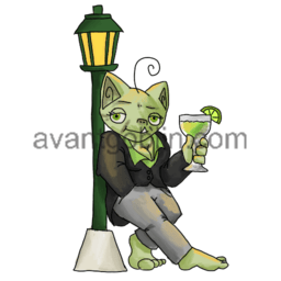 a sticker of a goblin with a margarita, leaning on a lamp post