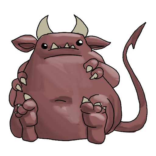 a fat red creature with horns and a lot of teeth, sitting quietly.