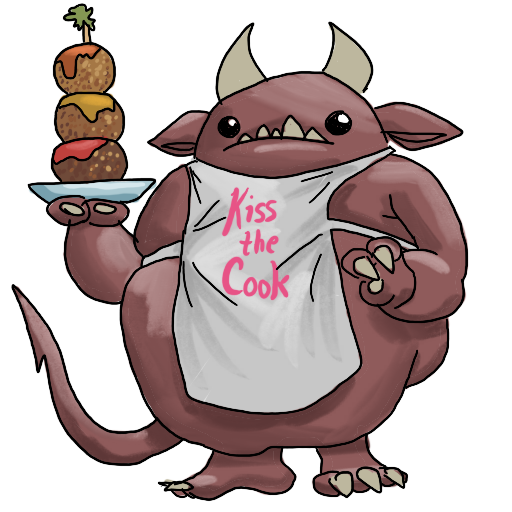 a fat red creature with horns and a lot of teeth, standing proudly with a plate of fancy meatballs and an apron.