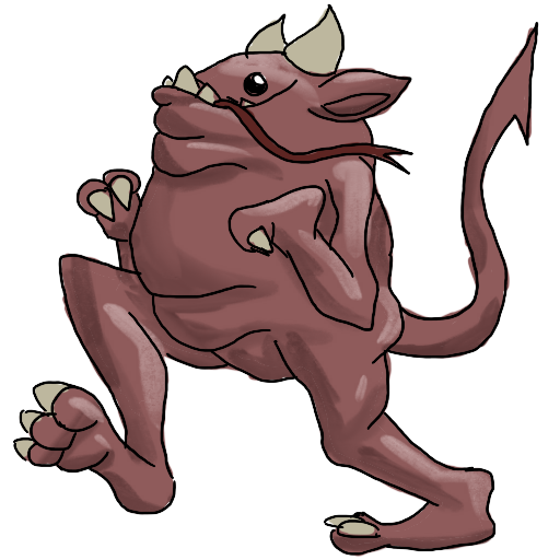 a fat red creature with horns and a lot of teeth, smiling and walking off to the left.