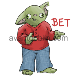 a sticker of a goblin in a red shirt and jeans, giving finger guns, captioned "Bet"