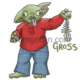 a sticker of a goblin in a red shirt and jeans, tongue sticking out, holding a skeletonized fish, captioned "gross"