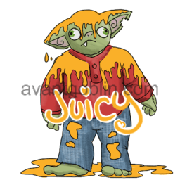 a sticker of a goblin in a red shirt and jeans, splashed all over with a mysterious orange liquid, captioned "Juicy"