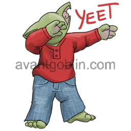 a sticker of a goblin in a red shirt and jeans, dabbing, captioned "Yeet"