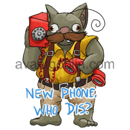 a sticker of a goblin with a large mustache, holding a rotary phone with the brick to his ear and the handset under his arm, captioned "New Phone Who Dis?"