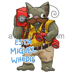 a sticker of a goblin with a large mustache, holding a rotary phone with the brick to his ear and the handset under his arm, captioned "Esta Miguel Whodis"