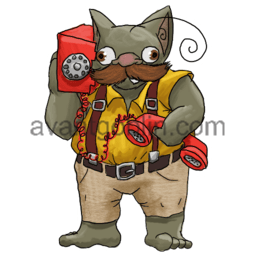 a sticker of a goblin with a large mustache, holding a rotary phone with the brick to his ear and the handset under his arm