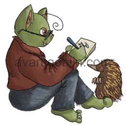 a sticker of a doodling goblin and an echidna.