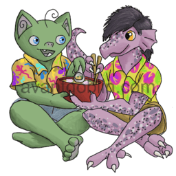 a sticker of a goblin and a kobold, sharing soup