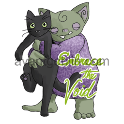 a sticker of a goblin hugging a black cat, with "EMBRACE THE VOID" captioned on.