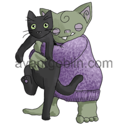 a sticker of a goblin hugging a black cat