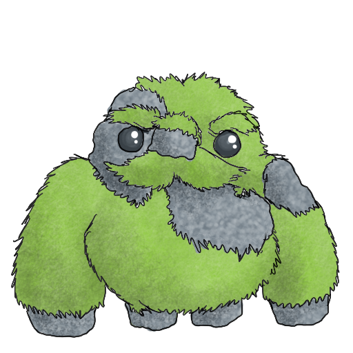 a sticker of a mossy lump with scary eyebrows and grey mycelium visible between green moss patches.