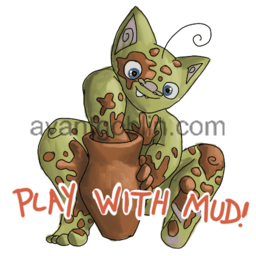 a sticker of a suspiciously naked goblin, covered in red mud, playing with a wet-clay vase, captioned "Play with Mud!"