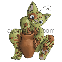 a sticker of a suspiciously naked goblin, covered in red mud, playing with a wet-clay vase, captioned "Play with Mud!"