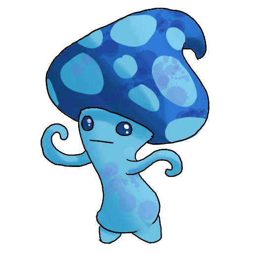a sticker of a blue mushroom with waving arms.