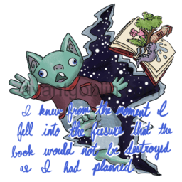 a sticker of a goblin and a very magical book falling into a starry fissure, with "I knew from the moment I fell into the fissure that the book would not be destroyed as I had planned" captioned on.