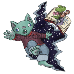 a sticker of a goblin and a very magical book falling into a starry fissure