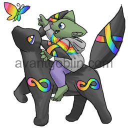 a sticker of a goblin riding an Umbreon with infinity signs instead of rings, both observing a rainbow butterfly