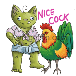 a sticker of a rooster and a goblin, with "NICE COCK" captioned on.