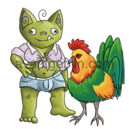 a sticker of a rooster and a goblin