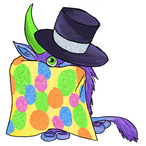 a sticker of a... troll?  Something blue and hairy, with fat toes and a tufted tail, green eyes and a green horn.  They are wearing a top hat and a sparkling multicolor-spotted cloak, pulled around in front to hide them.