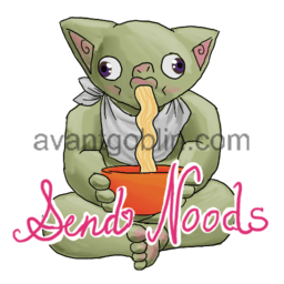 a sticker of a goblin slurping noodles from a bowl, captioned "Send Noods"