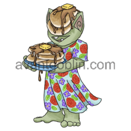 a sticker of a goblin holding a big stack of pancakes