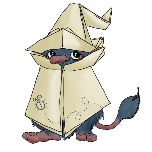 a sticker of a troll hiding in a large folded-paper hat and robe, showing only their nose and nervous eyes and tail; implied to be a Paper Wizard.
